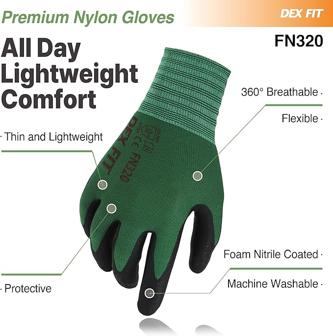 DEX FIT Premium Nylon Nitrile Work Gloves FN320, Forest Green, 7 (S) - Machine Washable, 3D-Comfort Stretchy Fit, Firm Grip, Thin & Lightweight, Durable, Breathable & Cool