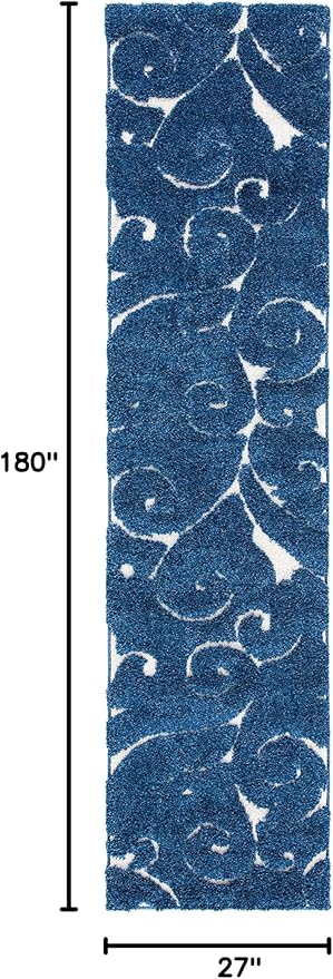SAFAVIEH Florida Shag Collection Runner Rug - 2'3" x 15', Dark Blue & Cream, Scroll Design, Non-Shedding & Easy to Clean, High-Low Plush Pile, Ideal for Bedroom, Foyer, Hallway (SG455-6511)