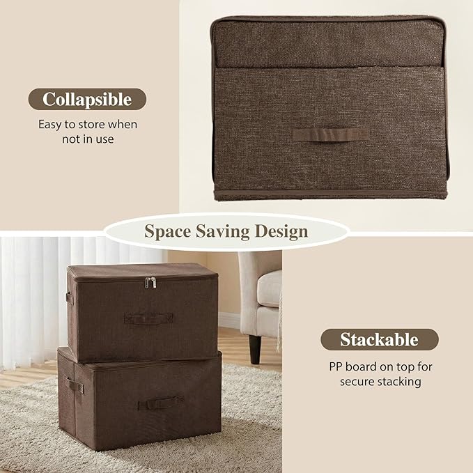 ANMINY 2PCS Storage Bins with Zipper Lids 13 Qt Lidded Fabric Storage Boxes Baskets Cubes with Handles Collapsible Washable Cotton Linen Closet Shelf Clothes Organizer Containers - Coffee, Small