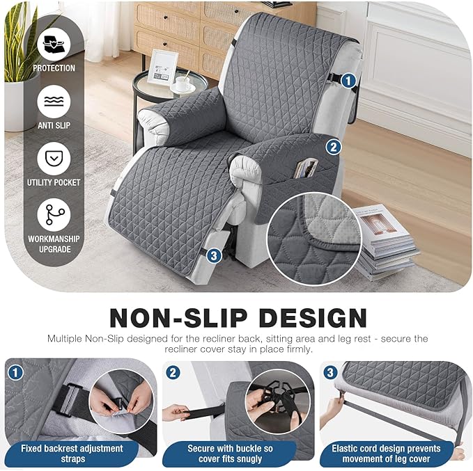 TAOCOCO 100% Waterproof Recliner Cover - Recliner Cover with Non-Slip Granule, Recliner Chair Covers with Elastic Band, Recliner Chair Covers for Reclining Chair(Dark Grey, Small-22'')