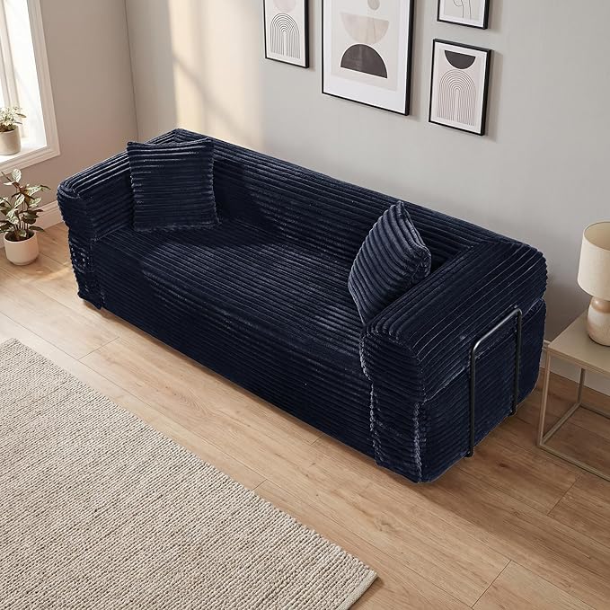 83'' Boneless Couch in A Box, No Assembly Needed Sofa Bed Couch 3 Seater Corduroy Modern Cloud Sofa 29'' Deep Seat with 2 Pillows & Removable Backrest for Living Room, Bedroom, Apartment, Navy Blue | No Assembly Needed, High Density Foam, Removable Bac...