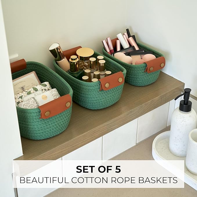 Storage Basket Set of 5 - Cotton Rope Organizer Bins for Home, Nursery & Bedroom