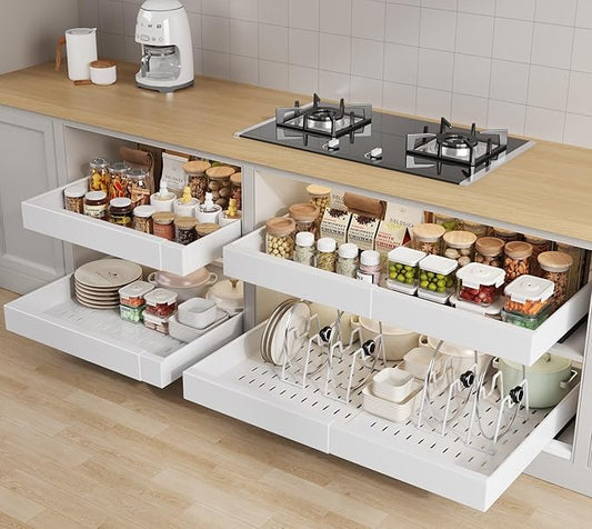 4 Pack Pull out Cabinet Organizer 21" Deep With Raising Pad for Framed Cabinets,Expandable (15.2"-26.3"W) Slide out Drawers for Kitchen Cabinets with 4pcs Divider Racks,Roll out Shelves,White