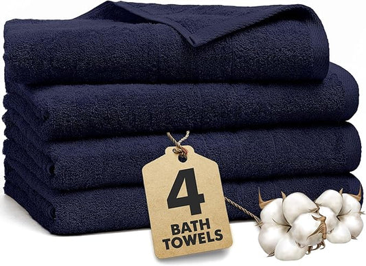 Bath Towels Set of 4 – 100% Cotton Navy Blue Extra Large Towels for Bathroom, Spa Use (55x28 in) – Super Soft and Quick Dry Large Bath Sheets for Adults