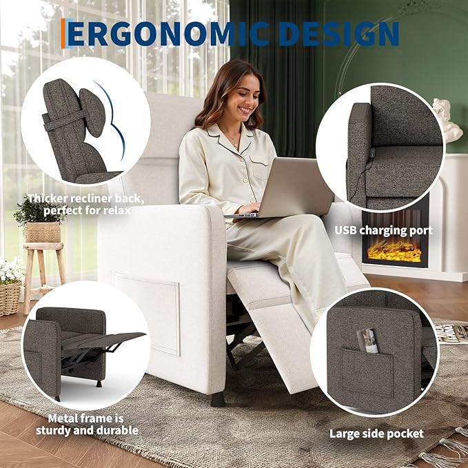 GarveeHome Electric Recliner Chair Living Room Chairs Adjustable Power Reclining Sofa Lazy Chair with Massage & Heat & Lumbar Support & Side Pockets & USB Port(Brown)
