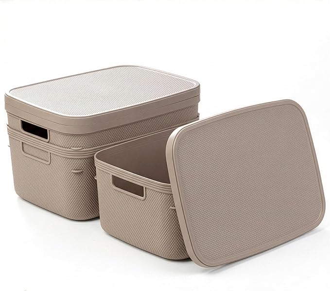 BINO | Plastic Storage Bins with Lids, 13 Liter - 3 Pack, Taupe | THE TWILL COLLECTION | Plastic Bins for Organization | Woven Storage Baskets for Organizing | Pantry Shelf Organizer Basket Bin