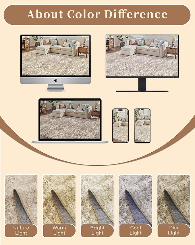 Madane 8x10 Area Rugs for Living Room, Machine Washable Vintage Natural Rug with Non-Slip Backing, Soft Large Throw Rug, Thin Carpet for Bedroom Dining Room Farmhouse (8 x 10, Beige/Brown)