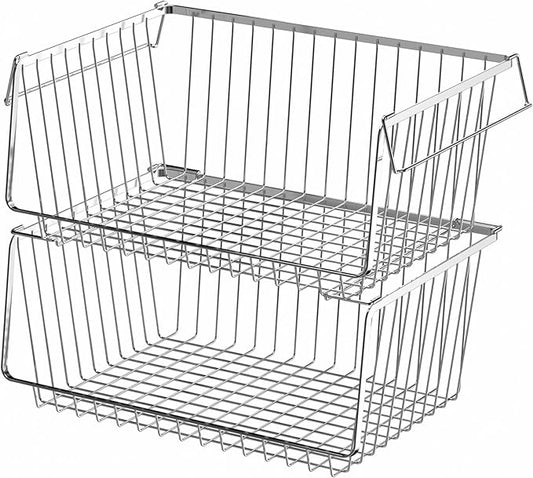Wire Storage Baskets Stackable Large Metal Storage Organization, Pantry Storage Organizing Household Wire Baskets with Handles for Kitchen, Pantry, Bathroom, Cabinets, Bedrooms, Set of 2