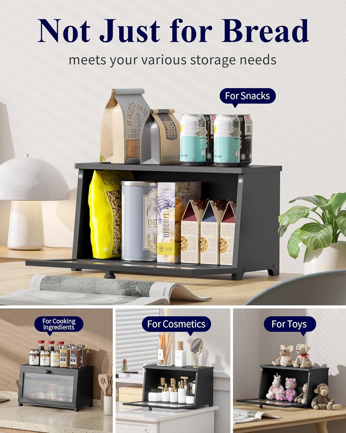 Bread Box — Wooden Bamboo Bread Box for Kitchen Countertop, Large Capacity Organizer with Magnetic Acrylic Window, Black 15.0"×8.3"×9.1"