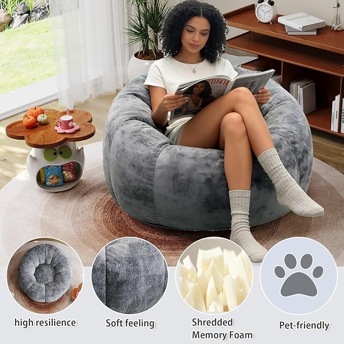 Bean Bag Chairs Large Bean Bag Couch for Adults Stuffed Sofa Chair Comfy Giant Bean Bag Chair with Spacious Design for Reading, Playing or Relaxing, Grey