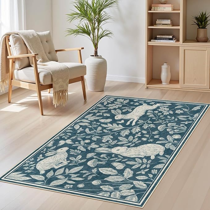 Vintage Living Room Area Rug 3x5 - Large Soft Washable Oriental Traditional Distressed Farmhouse Rugs for Bedroom - Indoor Floor Accent Carpet for Home Office House Decor -Easter Blue