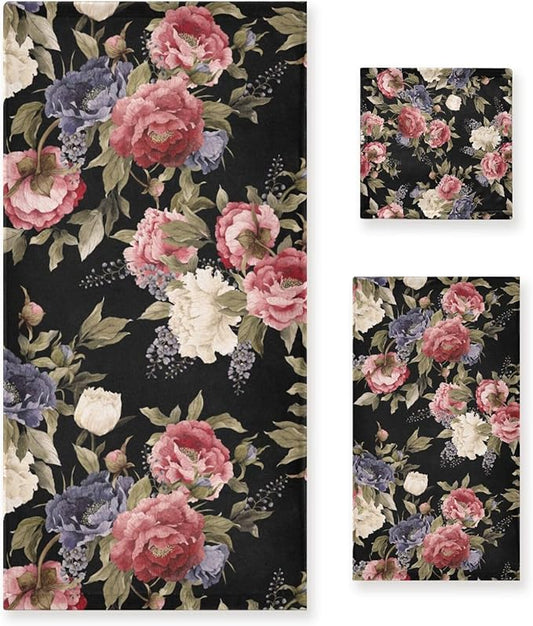 Vintage Peony Floral Bath Towels Set,Ultra Soft 3 Piece Watercolor Rose Flower Pattern Black Towels for Bathroom,1 Bath Towel 1 Hand Towel 1 Washcloth,Absorbent Decoractive Bathroom Towels