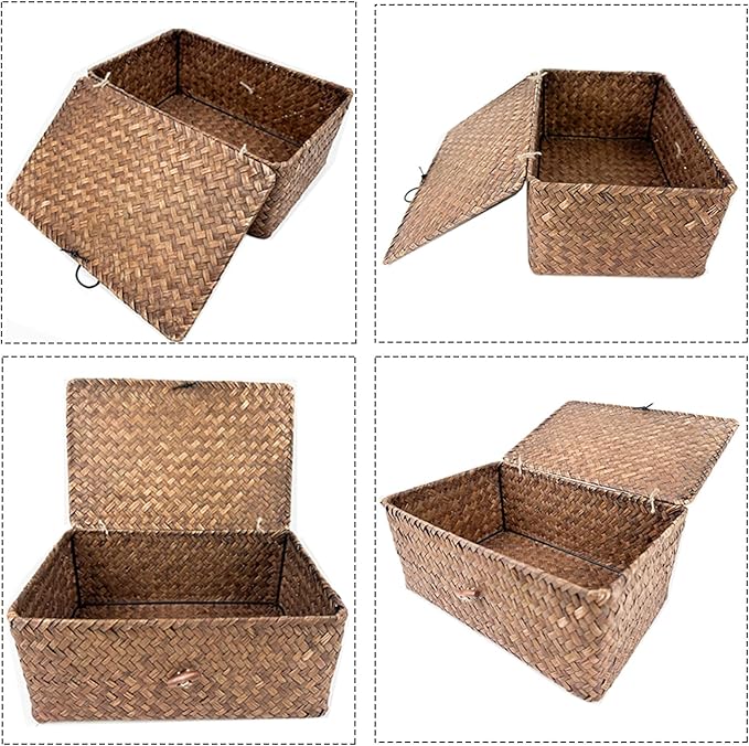 2-Pack Wicker Storage Baskets with Lid, Coffee Large & X-Large Rectangular Sea Grass Baskets
