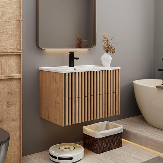 eclife 30" Floating Bathroom Vanity with Sink Combo, Modern Wall Mounted Cabinet with 2 Fluted Drawers, Undermount Sink, Faucet, Drain, Mixed Natural