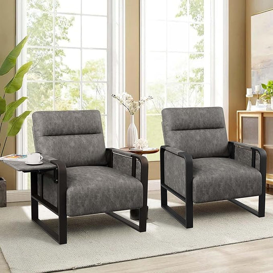 Modern PU Leather Accent Chairs Set of 2 Upholstered Armchairs with Tray Table Leisure Side Chairs for Living Room Bedroom Office Grey