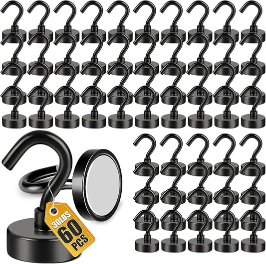 DIYMAG Magnetic Hooks, 30lbs+ Magnet Hook 2025 Cruise Cabin Ship Essentials Heavy Duty Strong Magnets Refrigerator Fridge Hanging for Classroom Beach Vacation Kitchen Grills Home Black 60 Pack