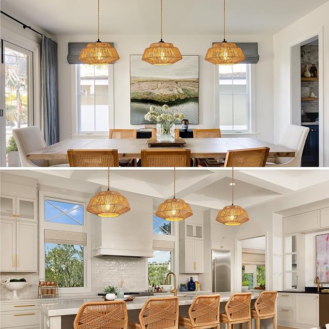 Hanging Lamp Plug in Pendant Light - Boho Hanging Light 11.8 inch Rattan Pendant Lights for Ceiling Dimmable Hanging Lamps for Living Room Bedroom Kitchen Farmhouse with 23ft Cord