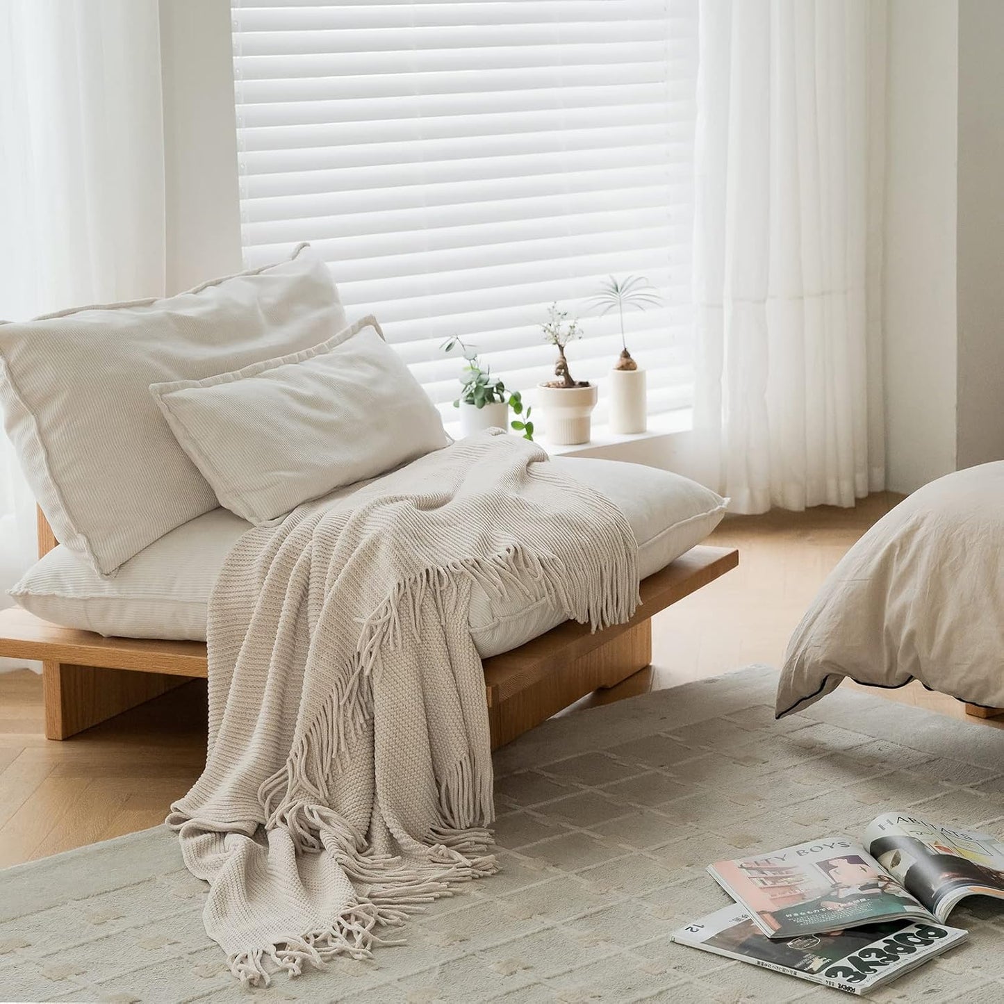 Chenille Knit Throw Blanket — Cream/White, Boho Soft, 50×60"