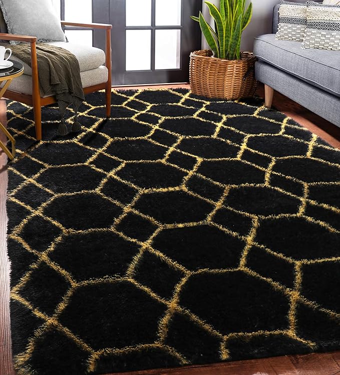 ONASAR 5x8 Rugs for Living Room Bedroom, Fluffy Black and Gold Area Rug, Geometric Boho Soft Plush Shaggy Floor Carpet Mat for Nursery Kids Girls Boys Teen Dorm Home Decor Aesthetic