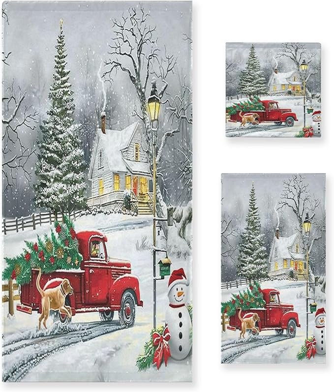 Red Xmas Tree Truck Winter Snowflake Dog Towels Set of 3 Christmas Winter Bathroom Towel Soft Absorbent Bath Hand Towels Washcloth Guest Towel Sets Merry Christmas Xmas Bathroom Decor Gifts