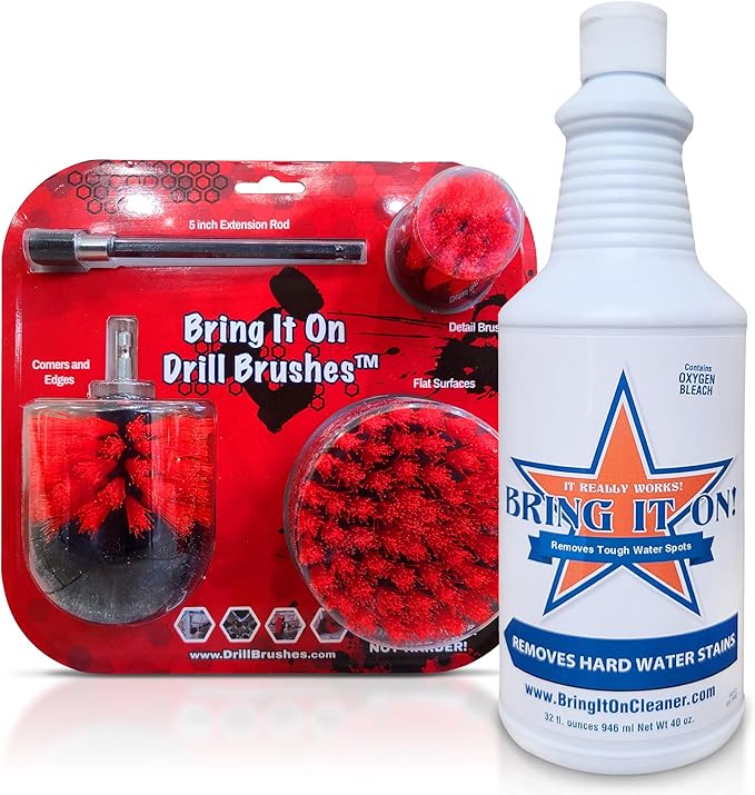 Bring It On Cleaner Drill Brush Attachment Set Three Brushes — Power Scrubber Brush Cleaning Kit — Plus 6 Inch Extension, Use On Grout, Cars, Bathroom Surfaces, Tile, Baseboard, Shower and Tubs