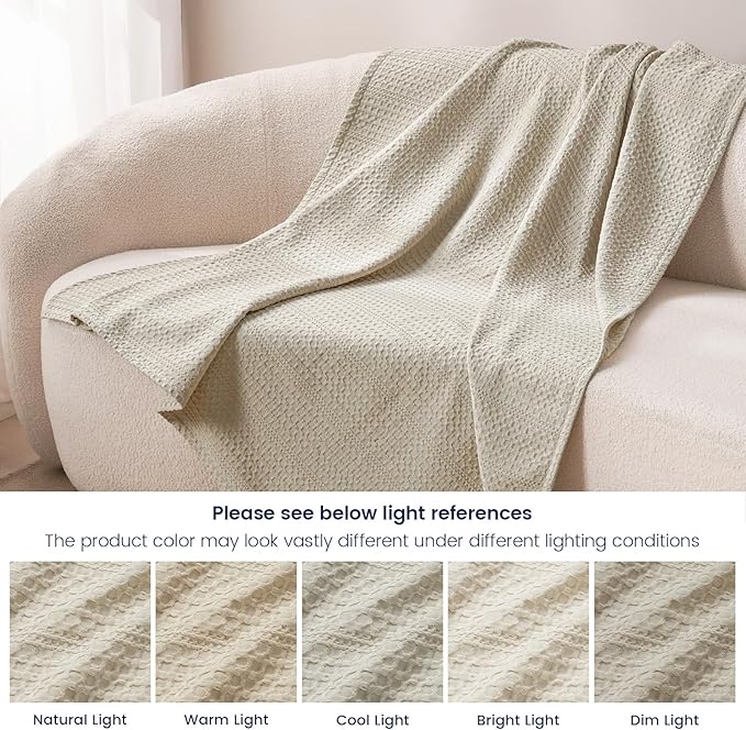 PHF Lightweight Waffle Weave Blanket Queen Size 90"x 90", Soft Woven Summer Blanket for Hot Sleepers - Aesthetic Home Decor for Couch Bed Sofa, Pet Friendly, Natural/Linen