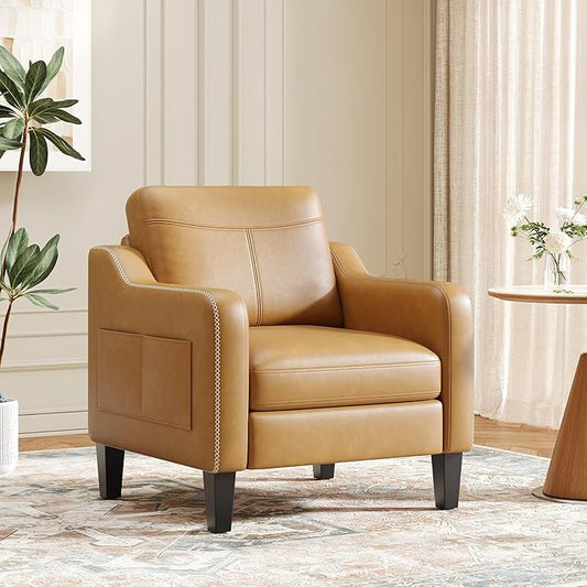 PU Leather Accent Chair, Mid-Century Modern Living Room Armchair Sofa with Removable Cushions, Solid Wood Frame & Stitched Armrest Design, Bedroom Chair with Plastic Legs, Brown
