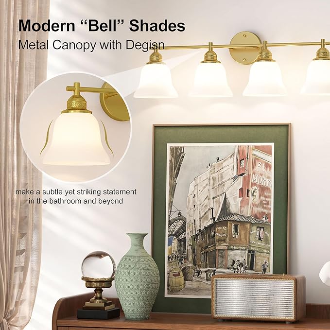 Gold Bathroom Vanity Light Over Mirror - 4 Light Wall Sconce with Frosted Glass Shades, Mid Century Farmhouse Bathroom Light Fixtures for Bedroom, Hallway (Gold Finish)