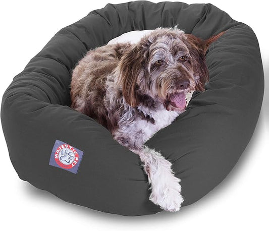 Majestic Pet 52 Inch Poly-Cotton Sherpa Calming Dog Bed Washable – Cozy Soft Round Dog Bed with Spine for Head Support - Fluffy Donut Dog Bed 52x35x11 (inch) – Round Pet Bed X- Large - Gray