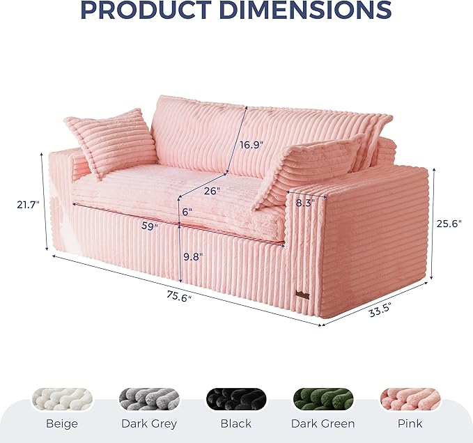 MAXYOYO 76" Bean Bag Sofa Couch, Loveseat Boneless Couch in a Box, Upholstered Small Mini Sofa with Deep Seating for Living Room Bedroom Office Apartment, No Assembly, Pink