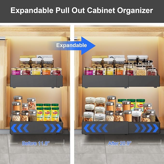 2Pack Expandable Pull Out Cabinet Organizer 21" Deep with Raising Pad for Framed Cabinets, Roll Out Shelves Adhesive, Adjustable Width 12.24"-20.5" W