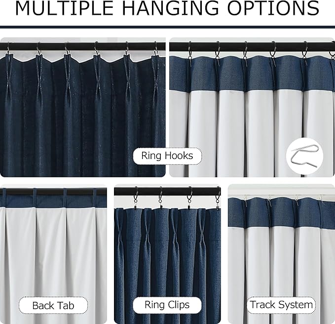 Vision Home Navy Blue Pinch Pleated Full Blackout Curtains Linen Blended Room Darkening Window Panels 95 inch for Living Room Bedroom Thermal Insulated Pinch Pleat Drapes with Hooks 60" Wx95 Lx1