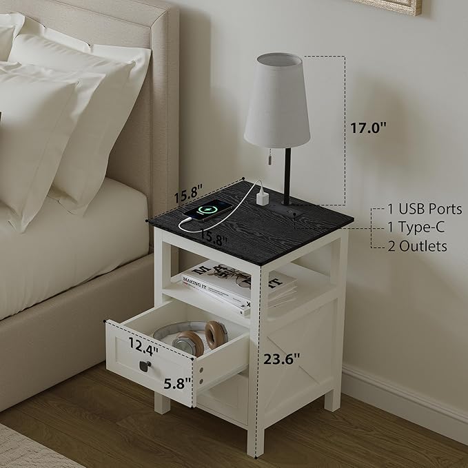 WOPITUES Nightstand with Charging Station, Farmhouse Night Stand with Drawers, Bedside Table, End Table for Bedroom, Living Room, Rustic White & Black
