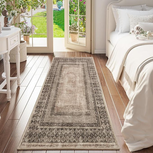NICETOWN 2'x 6' Hallway Runner Rug, Machine Washable Thin Non-Slip 2x6 Brown Kitchen Runner Rug Soft Foldable Mysterious Tribal Bordered Indoor Mat for Kitchen Bathroom Laundry Room, Brown