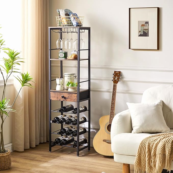 IBUYKE Wine Rack Freestanding Floor, Bar Cabinet for Liquor and Glasses,4-Tier Wood Coffee Bar Cabinet,Glass Holder and Storage Drawer for Home Bar Kitchen Living Room,Rustic Brown UTMJ905H