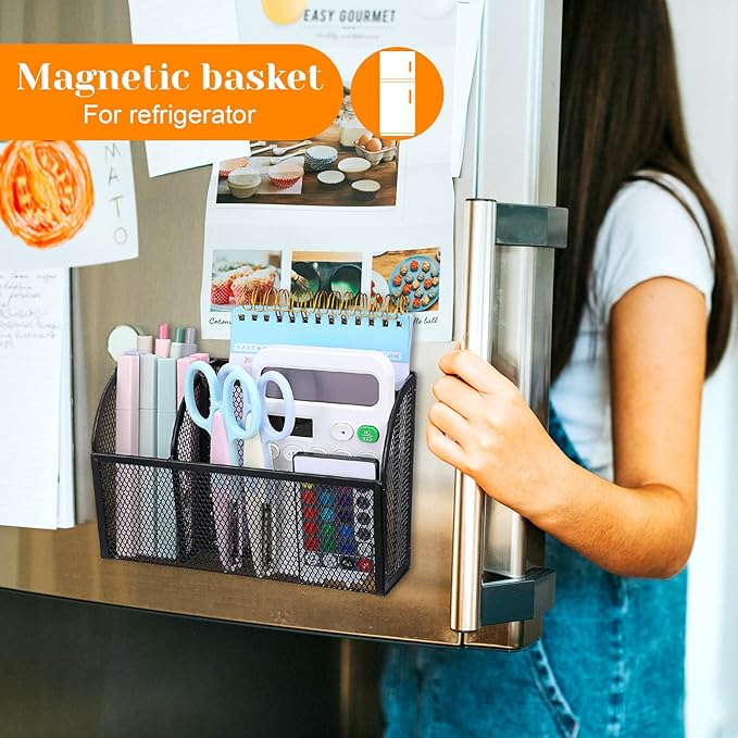 2 Pack Strong Magnetic Pen Holder, 3-Grid Mesh Organizer Basket For Whiteboard Refrigerator Locker, Space Saving Shelf For Office Home
