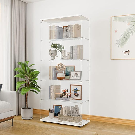 LFT HUIMEI2Y Glass Display Cabinet 5-Shelf with 2 Doors and Lock, Curio Cabinets Upgraded Quick-Install Style Tempered Glass Floor Standing Bookshelf for Living Room, Bedroom, Kitchen White