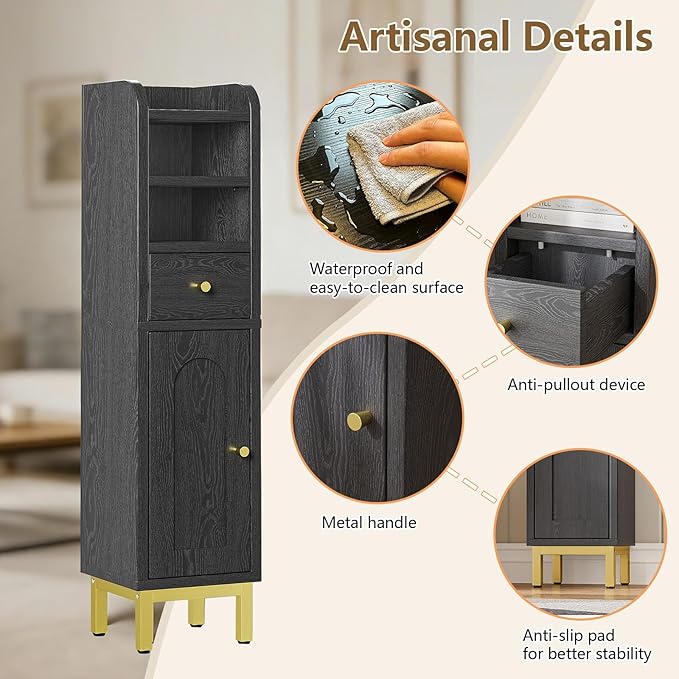 Small Bathroom Storage Cabinet, Bathroom Cabinet with Adjustable Shelves & Doors & Drawer, 7.87" x 7.87" x 32.4" Narrow Toilet Paper Cabinets for Small Spaces Organizer, Black
