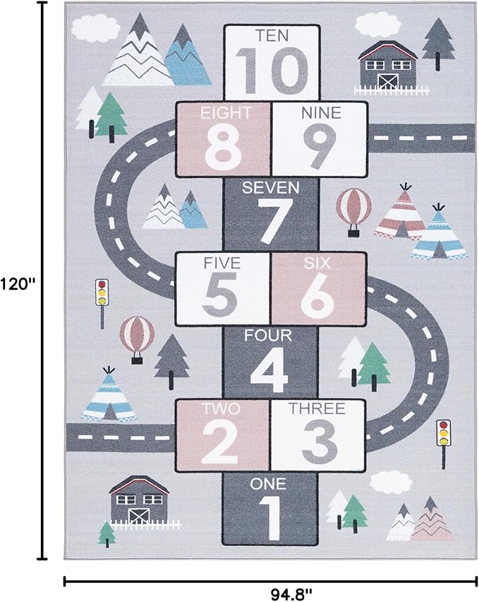 SAFAVIEH Washable Rug Kids Playhouse Collection - 7'9" x 10', Grey & Pink, Slip Resistant & Easy to Clean, Ideal for Kids Room, Playroom, Nursery, Boys & Girls Room (KPH226A)