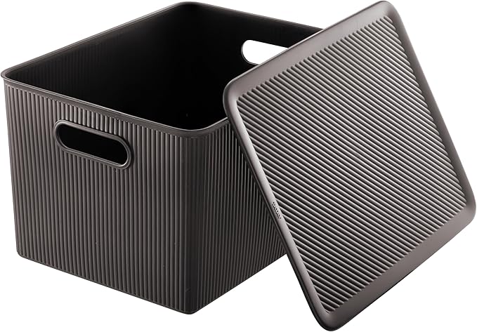 Decorative Plastic Basket Lidded Home Storage Bins Organizer Baskets, X-Large Brown (1 Pack - 22 Liter) Stackable Container Box, for Organizing Closet Storage Bins for Shelves - Ribbed Collection
