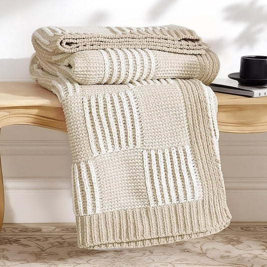 Amélie Home Checkered Knit Throw Blanket for Couch, Chenille Texture Decorative Soft Blanket for Sofa & Chair, 60"x80", Beige & Ivory