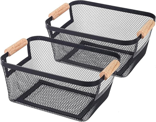 2-Pack Metal Mesh Basket, Small Wire Storage Organizer with Wood Handle for Kitchen Pantry, Bathroom, Cabinet, Closet, Picnic & Home Organization,Small, Black
