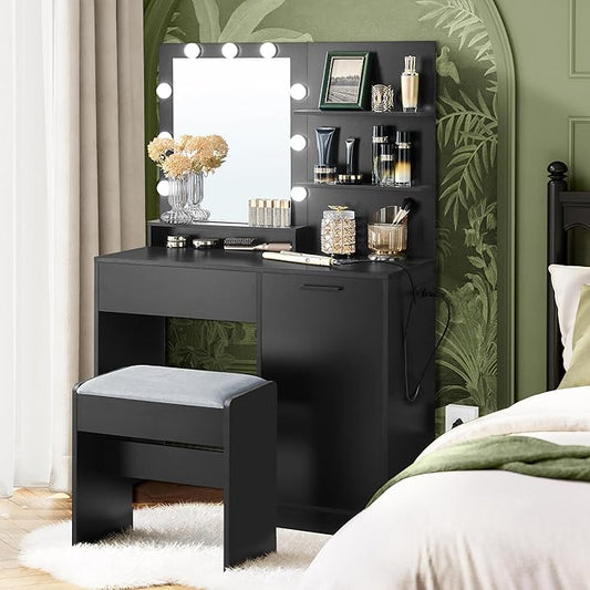 VASAGLE Vanity Desk with Mirror and Lights, 35.4-Inch Wide Makeup Vanity with Upholstered Vanity Stool, Power Outlets, Dimmable LED Lights, Storage Drawer, for Bedroom, Ink Black URDT128B01