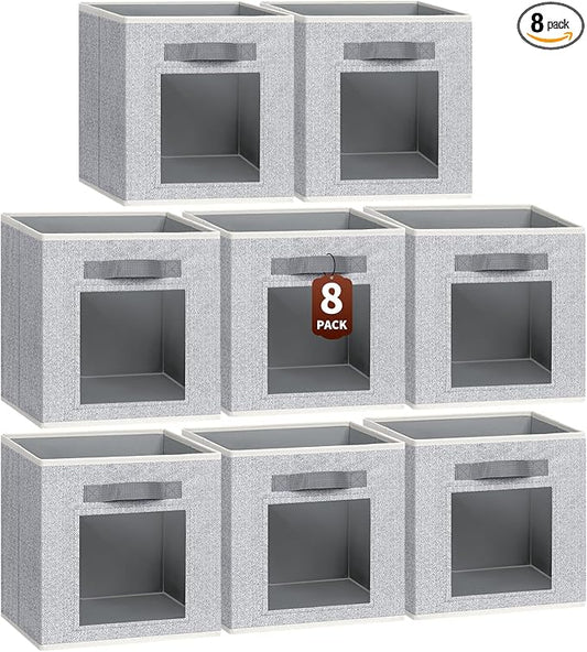 Foldable Storage Cubes - Cubby Storage Organizer with Window, Decorative Fabric Bins for Clothes Storage, Closet Organizers for Shelves, 11inch, Set of 8, Light Grey