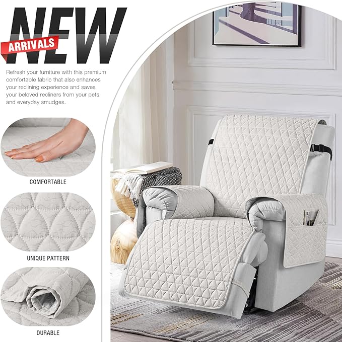 TAOCOCO 100% Waterproof Recliner Cover - Recliner Cover with Non-Slip Granule, Recliner Chair Covers with Elastic Band, Recliner Chair Covers for Reclining Chair(White,Small-22'')