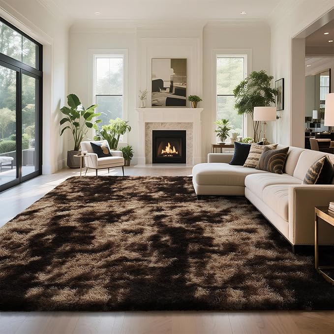 Fluffy Rug Shaggy Area Rug, Mottling Brown 10x14 Area Rugs for Bedroom, Super Soft Shaggy Rugs for Living Room Bedroom Kids Room Home Decor, Upgrade Anti-Skid Rectangular Fuzzy Rug