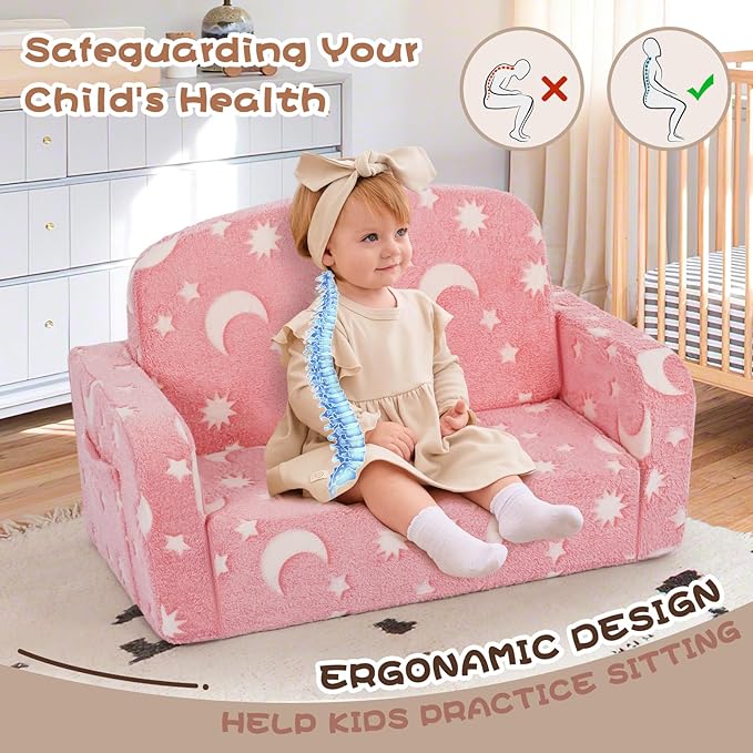Extra Wide Kids Couch, Kids Sofa, Toddler Sofa, Glow in The Dark, 2-in-1 Soft Toddler Couch with Blanket and Pillow, Moon Style, Pink