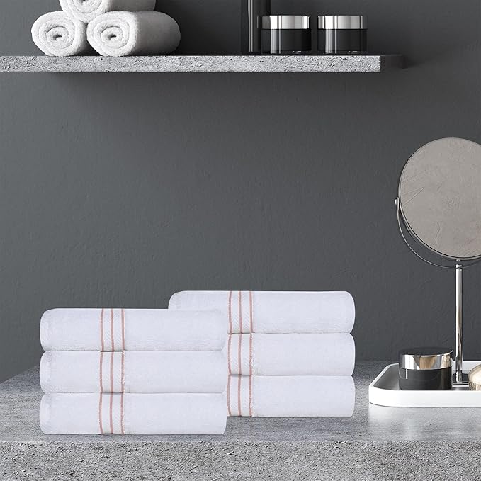 Superior Hotel Turkish Cotton 6 Piece Hand Towel Set, Ultra Plush Spa Quality Heavyweight Essentials for Vanity, Thick Absorbent and Soft, Dobby Border, Includes 6 Hand Towels, Tea Rose