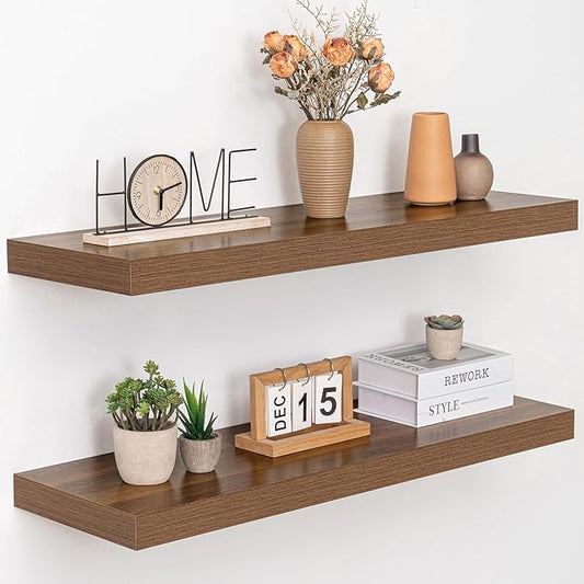 36 Inch Floating Shelves, 12" Deep Floating Shelf Wall Mounted, 36" Wall Shelves, Rustic Deep Bookshelf, Extra Deeper & Thicker Display Shelves for Bedroom, Living Room, Walnut, Set of 2