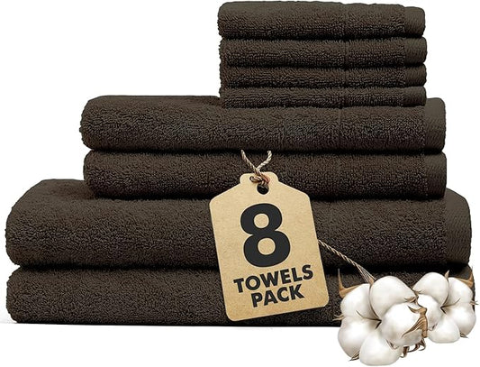 Bath Towels Set of 8 – 100% Cotton (Dark Brown) Bathroom Towel Set Bale Includes 2 Bath, 2 Hand, 4 Face Towels – Soft, Absorbent & Quick Dry Towel for Bathroom, Spa, Kitchen, Hotel Use